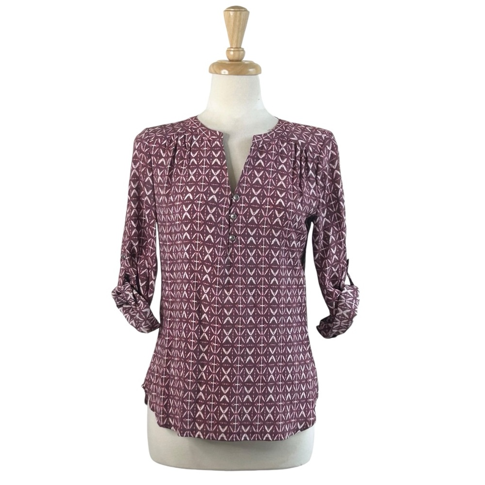 KIM ROGERS Shirt 3/4 Roll Sleeve V-Neck Petite Small Pink Diagonal Blouse Top